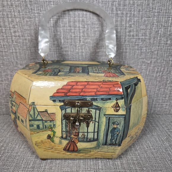 Vintage OP Cargill Octagon Wooden Purse Handbag Sewing Box Decoupage Cityscape